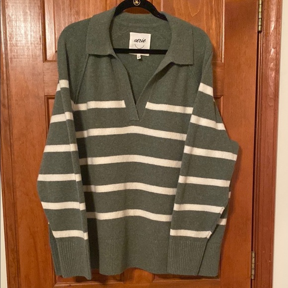 Aerie Green & White Striped V-Neck Oversized Sweater Soft Cozy Size Large - Picture 2 of 6